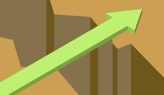light green arrow sloping upward across a drawing of a gap in a canyon