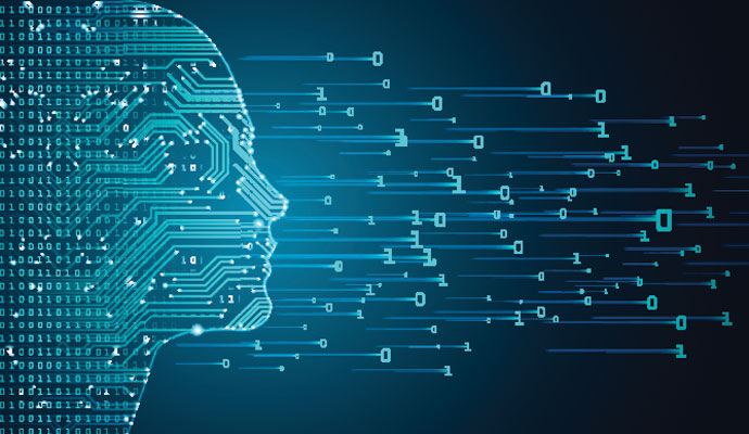 a human face in profile on a blue background. the profile is filled with circuits, and 1's and 0's appear to be flowing out of the face