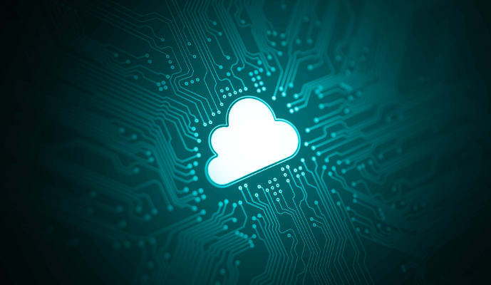 a white cloud on a blue circuit board, representing cloud computing