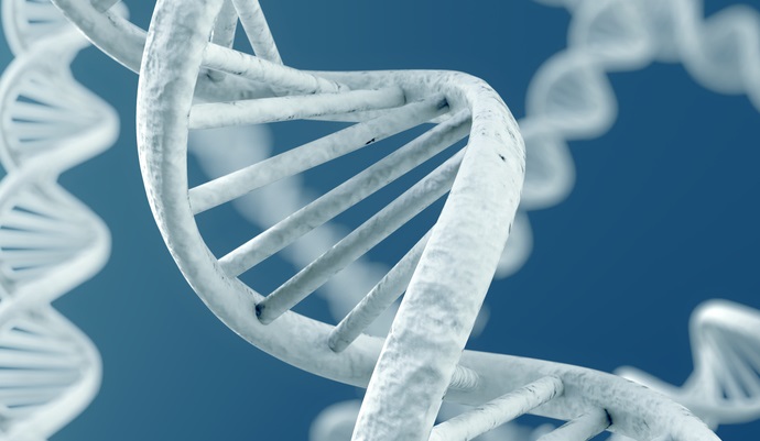 an illustration of a white DNA helix on a light blue background