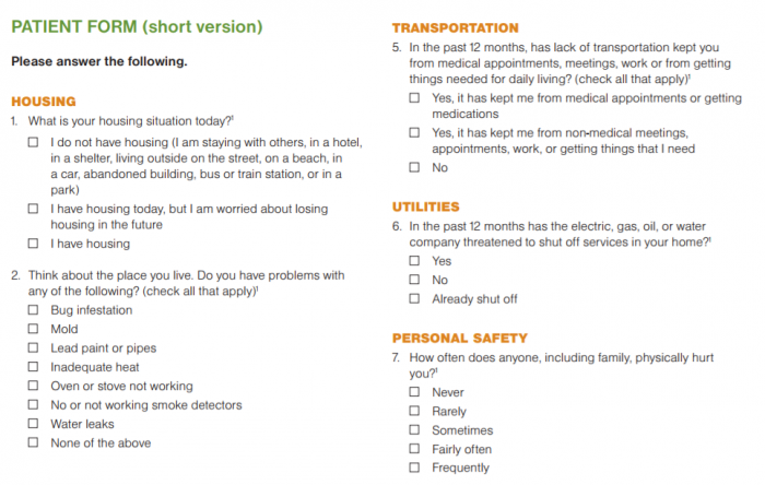 Patient assessment of social determinants of health