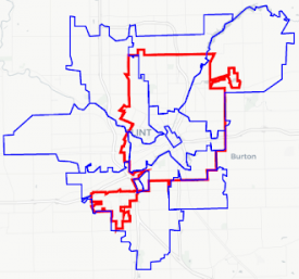 Comparison of city limits (red) and zip codes (blue) in Flint, Michigan